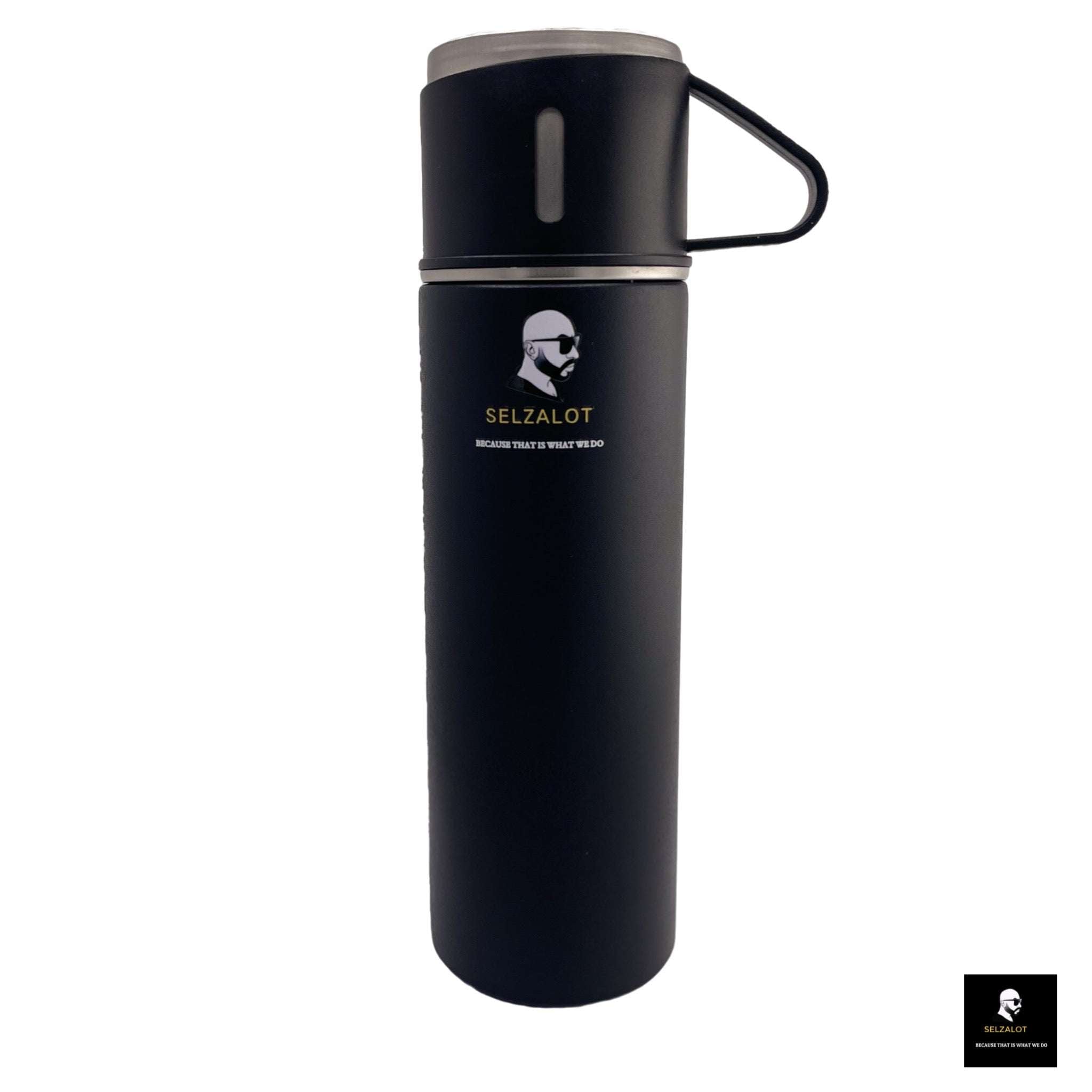 SELZALOT Stainless Steel Vacuum Flask Set, 500ML Gift Set, Black, Thickened Food Grade 304 Stainless Steel, Durable Insulation, Ergonomic Design, with 3 Cups