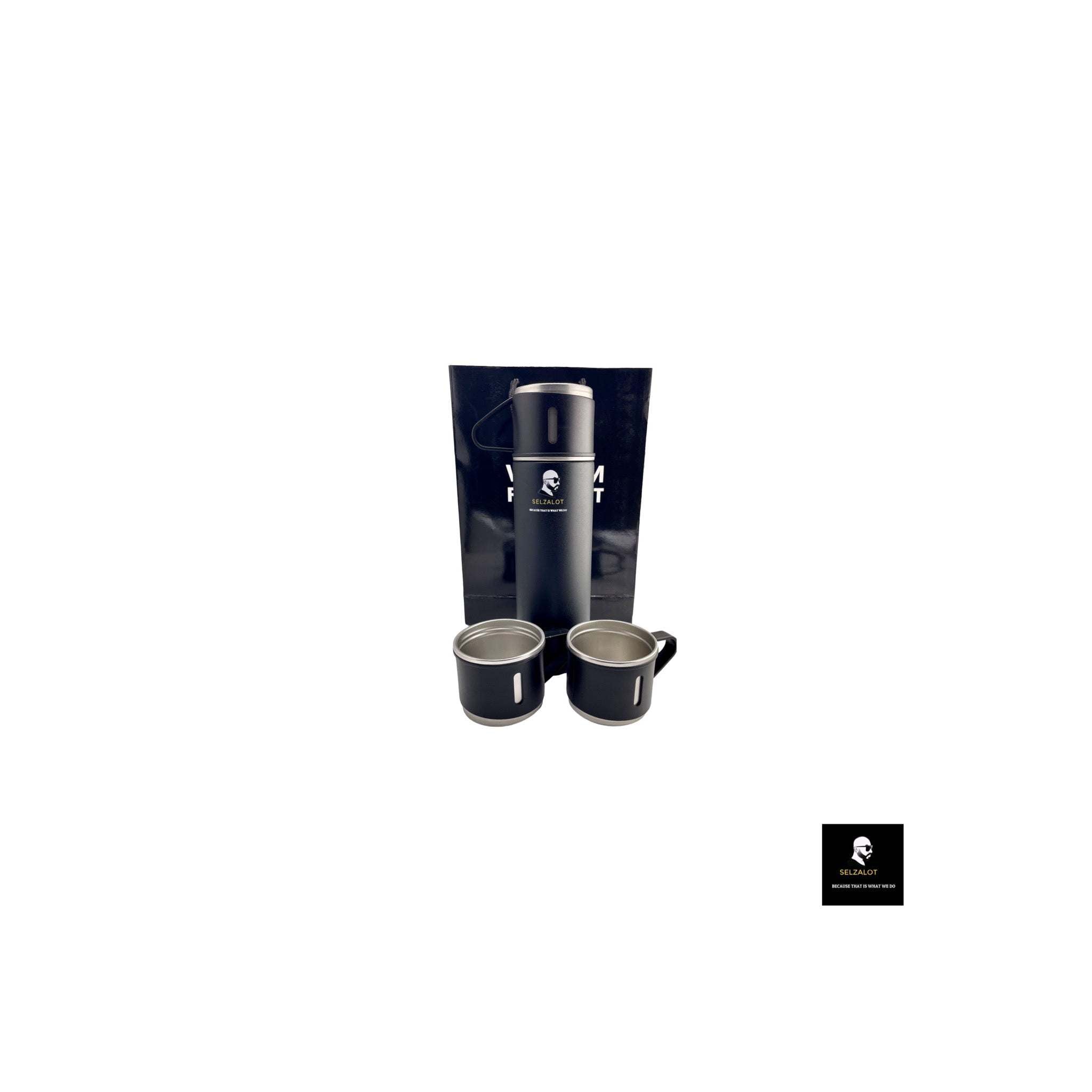 SELZALOT Stainless Steel Vacuum Flask Set, 500ML Gift Set, Black, Thickened Food Grade 304 Stainless Steel, Durable Insulation, Ergonomic Design, with 3 Cups