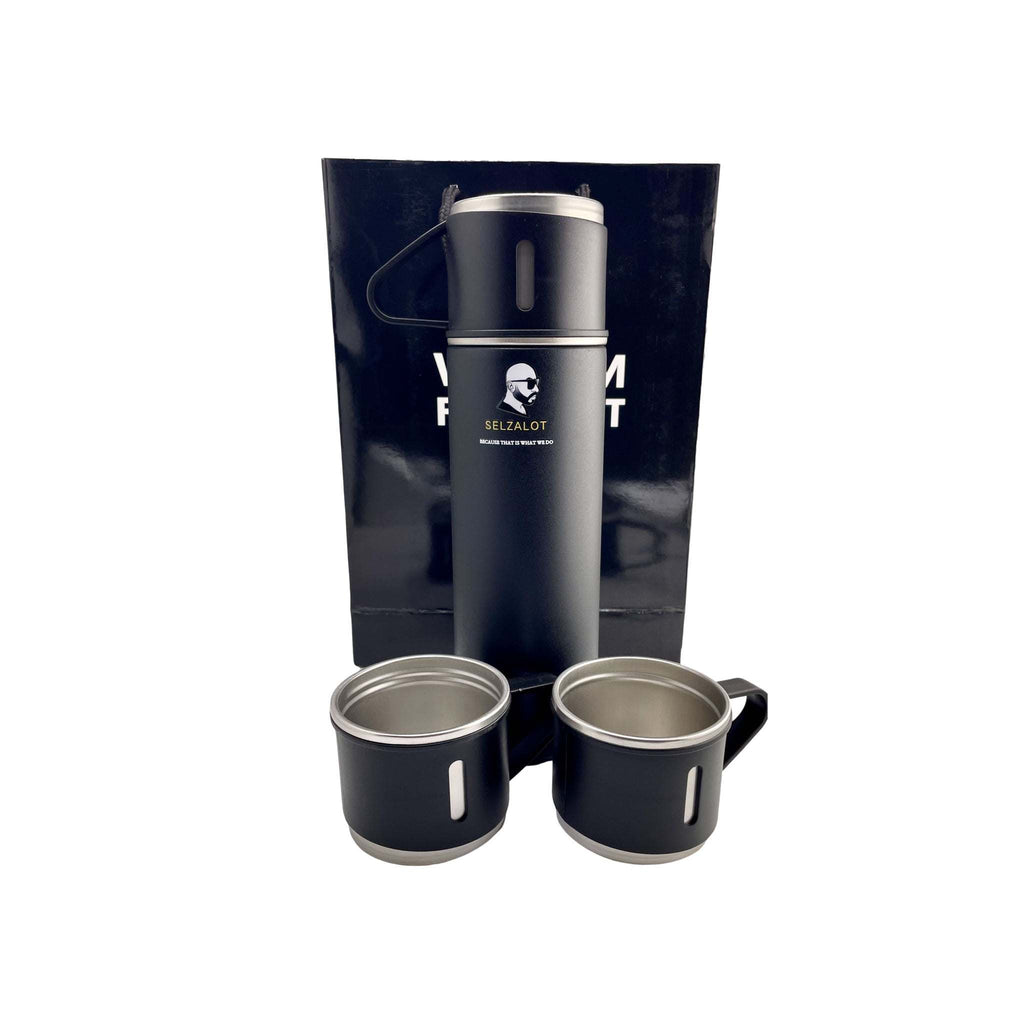 SELZALOT Stainless Steel Vacuum Flask Set, 500ML Gift Set, Black, Thickened Food Grade 304 Stainless Steel, Durable Insulation, Ergonomic Design, with 3 Cups